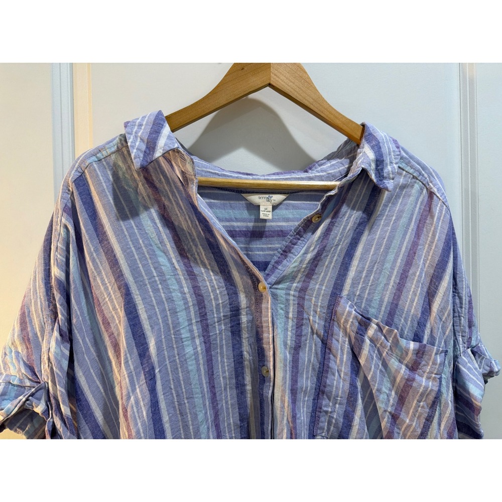 Terra & Sky Womens 3X Blue Purple Striped Linen Blend Button Down Shirt TS251001 - Picture 2 of 7